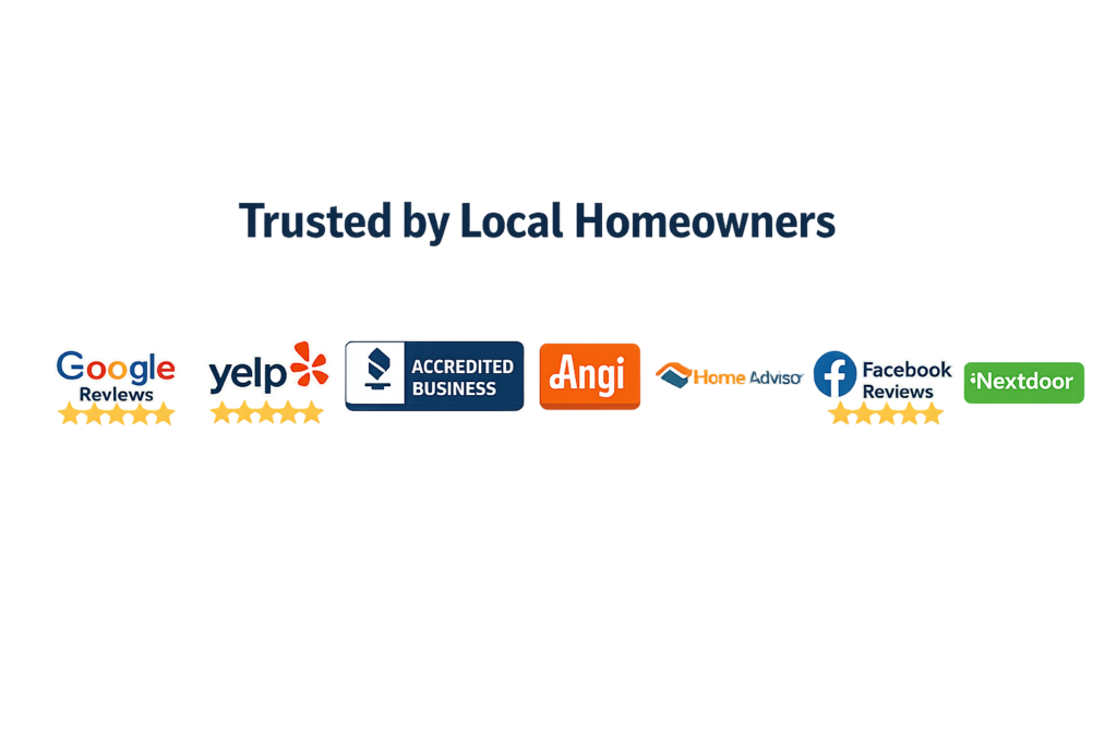 Trusted foundation repair company with Google Reviews, Yelp, BBB, Angi, HomeAdvisor, Facebook Reviews, and Nextdoor trust badge