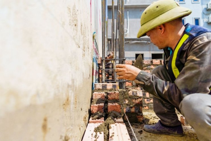 Structural House Repair Cost 3 Mason rebuilding a brick foundation wall with rebar reinforcement during structural repair work