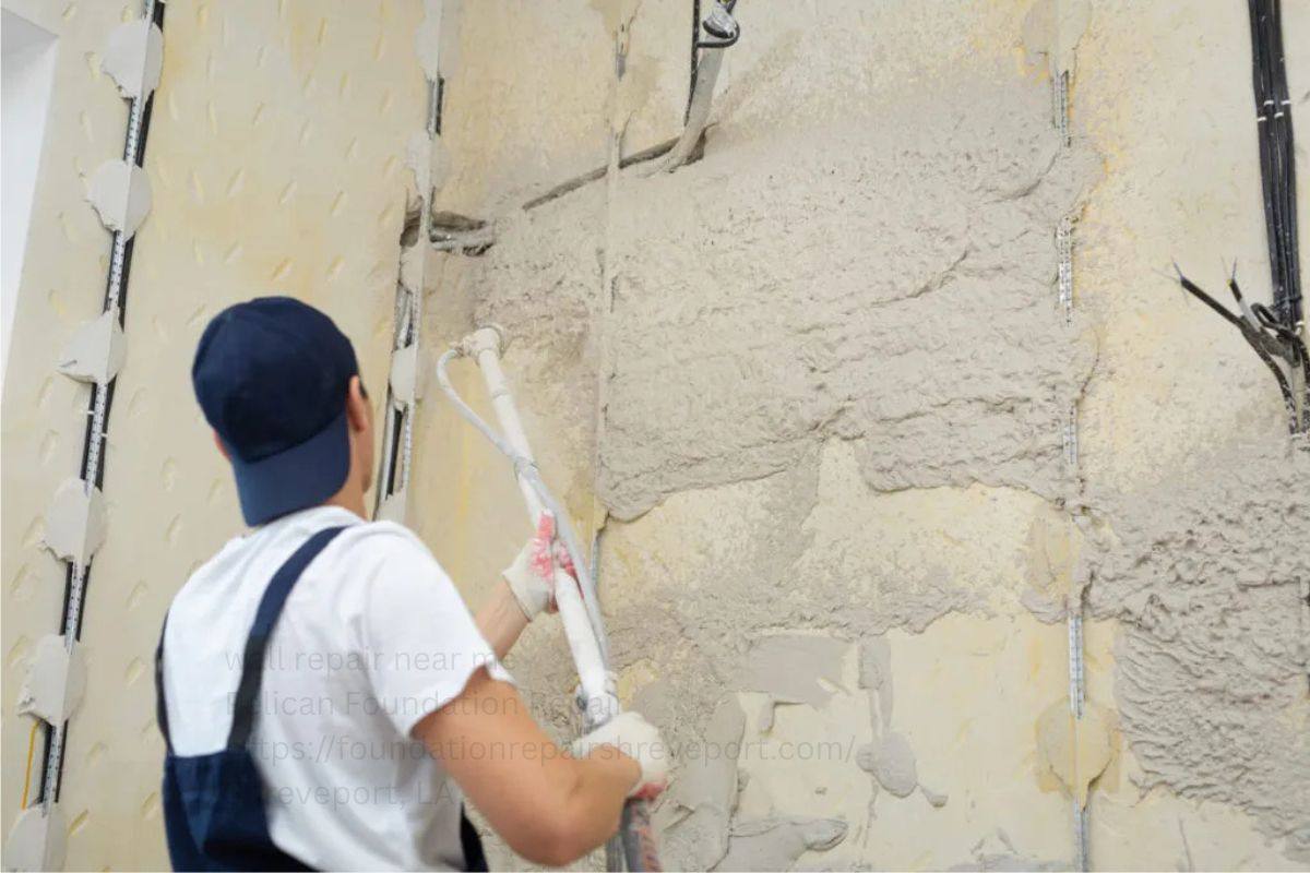 Cinder Block Foundation Wall Repair: A Shreveport Homeowner's Guide 4 Worker spraying repair coating onto a damaged wall